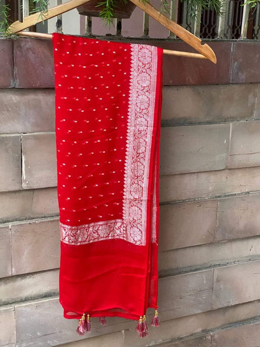 PURE KHADDI GEORGUTTE DUPATTA  -RED SILVER ZARI