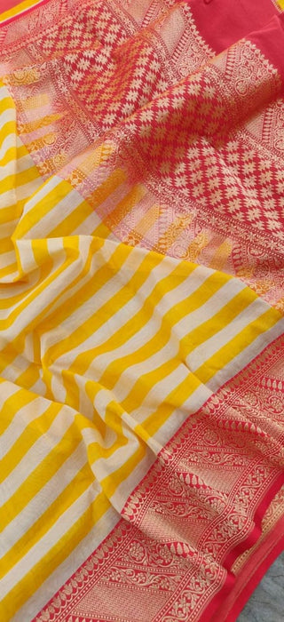 Pure Banarasi Handloom Cotton Stripe Tissue Silk Saree