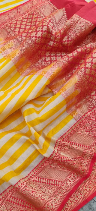 Pure Banarasi Handloom Cotton Stripe Tissue Silk Saree