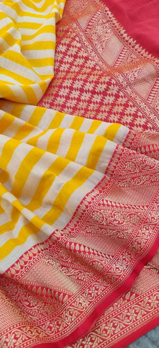 Pure Banarasi Handloom Cotton Stripe Tissue Silk Saree