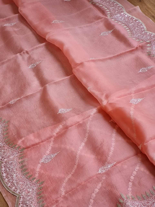 PURE BANARASI ORGANZA SILK CUTWORK EMBROIDERY SCALOOP BODER SAREE