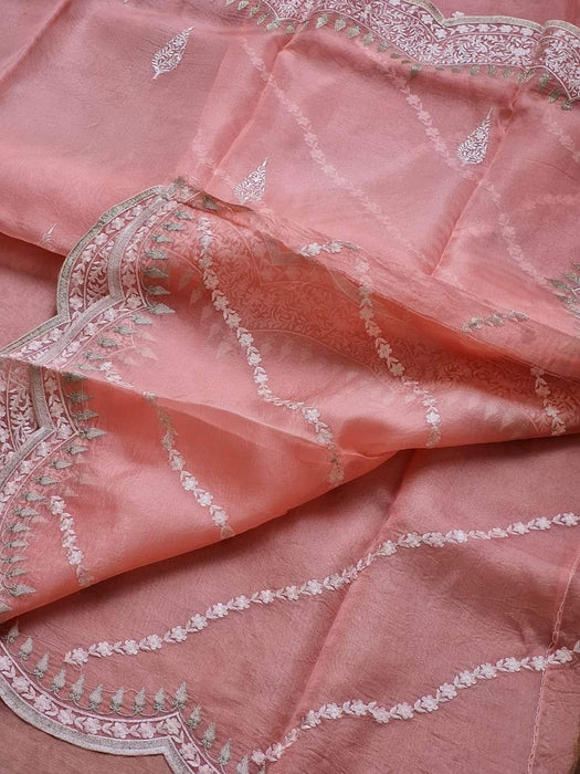 PURE BANARASI ORGANZA SILK CUTWORK EMBROIDERY SCALOOP BODER SAREE