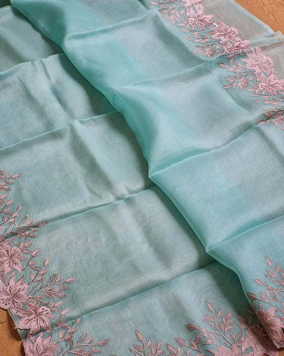 PURE KORA ORGANZA BANARASI EMBROIDRY CUTWORK SILK SAREE